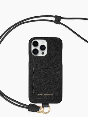 Maison de Sabre Sling Phone Case iPhone 14 Pro in Black Caviar and Gold Hardware